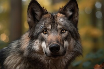 Naklejka na ściany i meble Wild beautiful grey wolf in a forest. Generative AI.