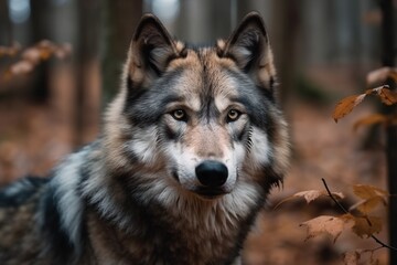 Wild beautiful grey wolf in a forest. Generative AI.