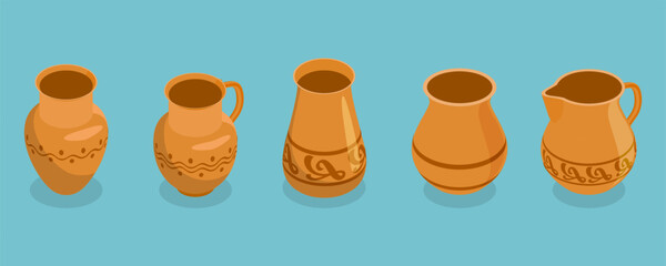 3D Isometric Flat Vector Set of Vintage Ceramic Items, Clay Pottery
