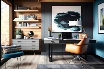 Modern home office illustration, desk with wood floors, laptop, interior mockup 