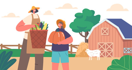 Farmer Mother And Daughter Characters In Rural Landscape With Barn. Mom And Girl Working The Land And Tending To Crops