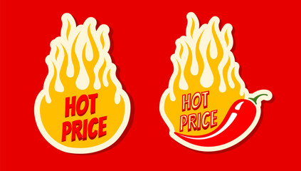 Vector stickers with chilli pepper and fire for special offer. Vector set banners with chili pepper for hot price.