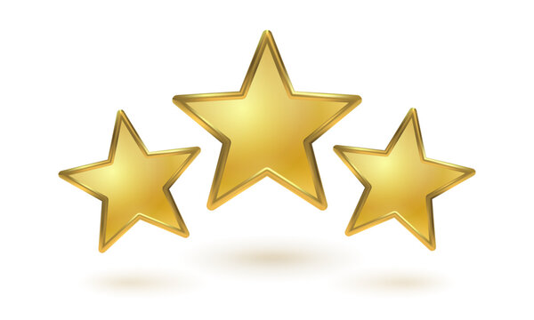 Vector icons of three golden stars on white background. Achievements for games or customer rating feedback of website.