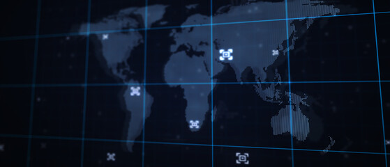 Map of the planet. World map. Global social network. Future. Blue futuristic background with planet Earth. 3d illustration.