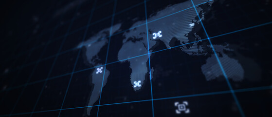 Map of the planet. World map. Global social network. Future. Blue futuristic background with planet Earth. 3d illustration.