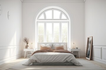 King size bed and bedside table are mounted to the wall in the corner of a white bedroom with an arched window. top view a mockup. Generative AI
