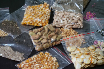 close-up bean seeds to plant in the garden,organic vegetable seeds in small bags,