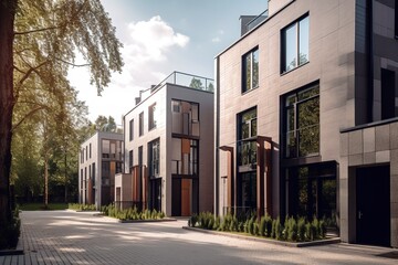 Modern multi residential suburban neighborhood buildings. Real estate concept. Generative AI