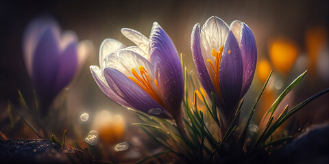 Crocuses with sunny background. AI generated illustration