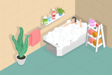 3D Isometric Flat Vector Conceptual Illustration of Taking a Bath, Hygiene and Beauty