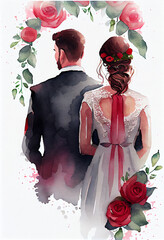 beautiful watercolor sketch of a wedding couple with flower decoration. generative ai.