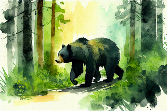 watercolor sketch of black bear walking in green forest.  generative ai.