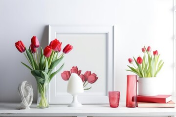 Mockup with red tulips in a glass vase and a white frame on a light background. Generative AI