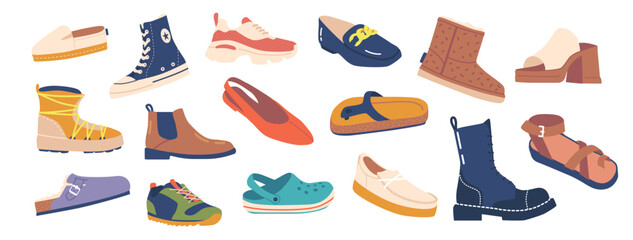 Set Of Various Footwear Isolated Icons. Running Shoes, Dress Shoes, Sandals And Loafers, Boots, Sneakers, Ballet Flats