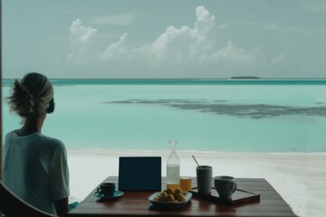 Fototapeta premium Amazing drone view of the beach and water with beautiful colors. Maldives paradise scenery water villas with amazing sea and lagoon beach, tropical nature. summer vacation.