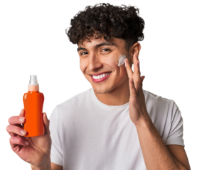 A young man protects his skin from harmful UV rays, applying non-greasy, broad-spectrum sunscreen for a healthy and youthful look.