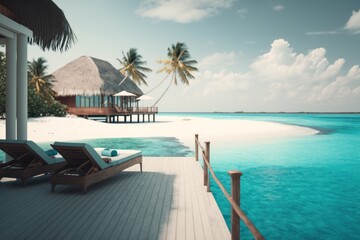Fototapeta premium Amazing drone view of the beach and water with beautiful colors. Maldives paradise scenery water villas with amazing sea and lagoon beach, tropical nature. summer vacation.