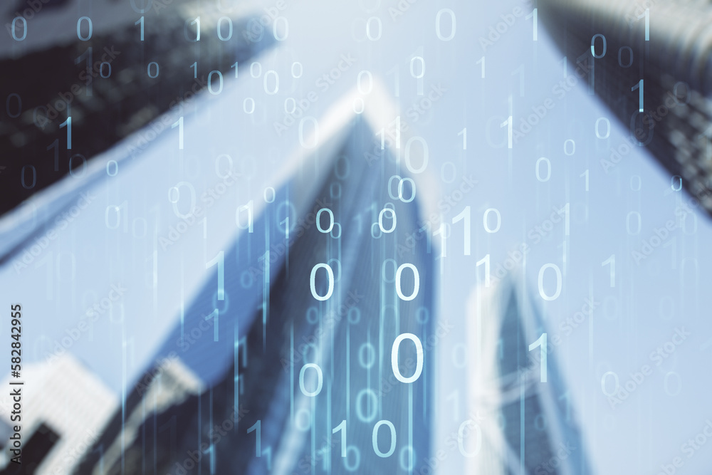 Leinwandbilder double exposure of abstract virtual binary code hologram on modern skyscrapers background. database 