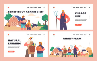 Family Farm Landing Page Template Set. Farmers Work On Land, Raising Crops And Livestock, Cartoon Vector Illustration