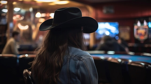 Girl in a cowboy hat in a casino. generative AI