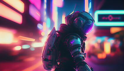 Naklejka premium Picture of astronaut - man or woman in suit with helmet, futuristic background