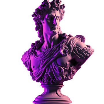 Antique statue with purple and pink trendy light on a transparent background, png, illustration or graphic resource for collages or posters. Generative ai.