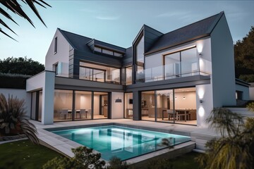 Fototapeta premium Luxury modern villa with swimming pool and garden, generative ai