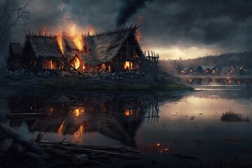 The viking attack, destruction of a mediaval village of wooden huts, generative ai