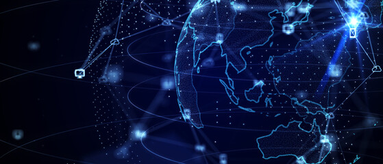 Blue futuristic background with planet Earth. Composition, representing the global, network connection, international meaning. Global social network. 3d illustration.
