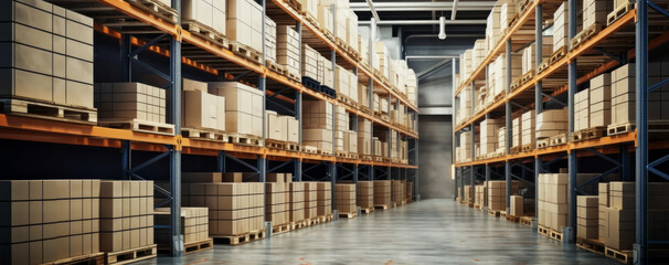Warehouse or storage and shelves with cardboard boxes. Industrial background for commercial or logistical concepts. Generative AI