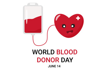 World blood donor day. Emblem with image of red heart cartoon style.  Medical sign on June 14. Vector illustration.