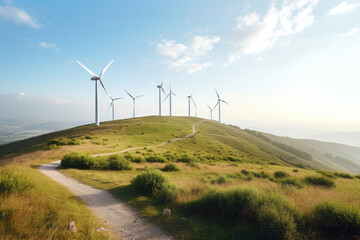 Beautiful large wind turbines on hilly fields on a sunny day. Generative AI