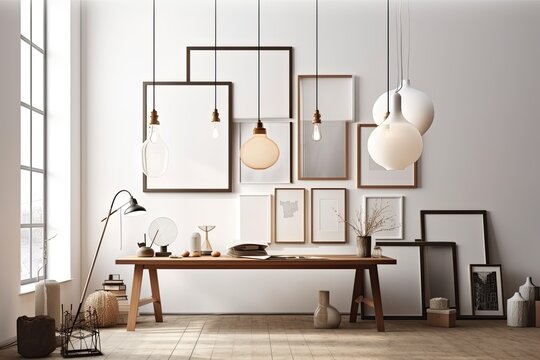 White walls, mock picture frames, wooden table tops with ornaments, and hanging lamps. Generative AI