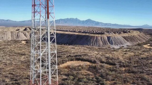 Aerial view of mobile tower 4g, in the Gobi Desert, Mongolia.