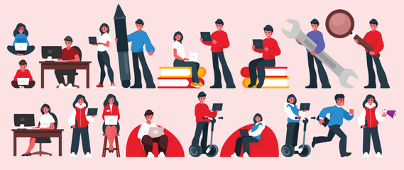 Naklejka premium Set of IT people. Set of developer and programmer characters working in office. Vector graphics