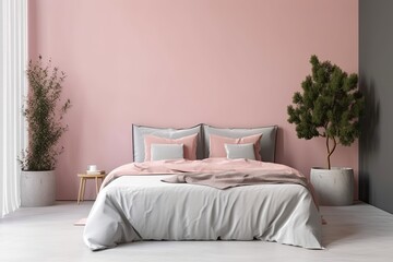 In a pleasant bedroom, a pink blanket covers a white and grey bed. Generative AI