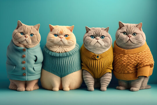 Group studio portrait of fat cats in the clothes, created with Generative AI technology