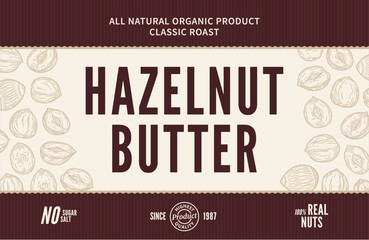 Naklejka premium Hazelnut butter label and packaging design template. Vector hazelnut illustration