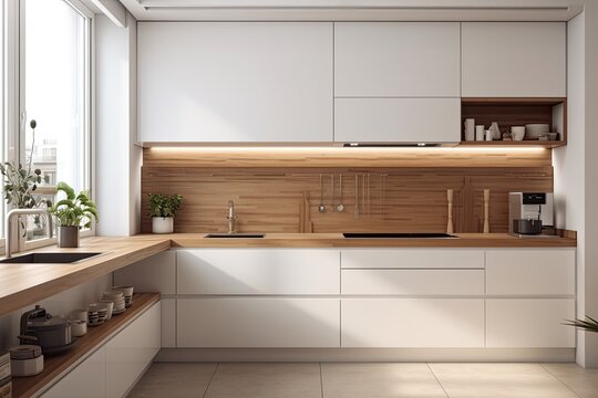 Interior of a contemporary kitchen with white walls, wooden counters, and an integrated sink and stove. Generative AI