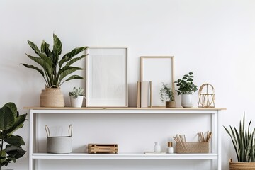 Shelf with plants and a white frame. Generative AI