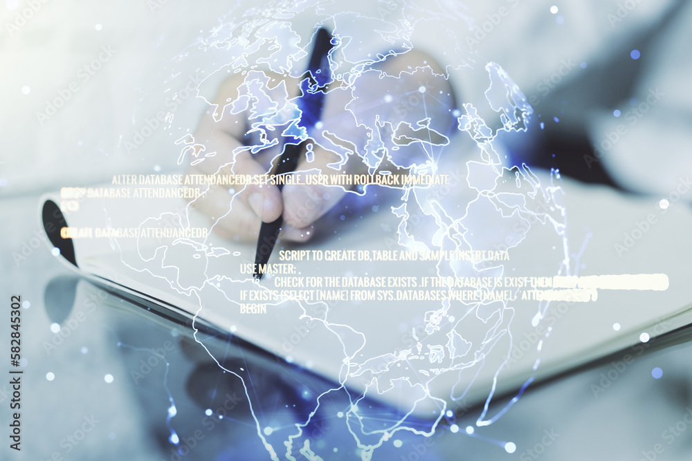 Aufkleber abstract creative coding concept with world map and man hand writing in notebook on background. mult