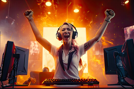 Professional eSports female gamer rejoices in the victory in yellow gaming room. Fictitious person made by Generative AI.