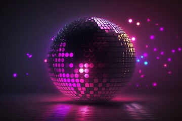 Obraz premium Glowing disco ball on purple background, cinematic purple and pink light. Generative ai.