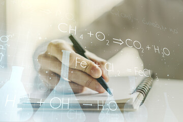 Creative chemistry illustration with man hand writing in diary on background, science and research concept. Multiexposure