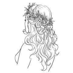 Women's hairstyle with flowers for long hair. Braided braid, back view. For design and printing of hair care products, business cards and advertising of hairdressing and beauty salons. Line drawing.
