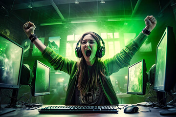 Professional eSports female gamer rejoices in the victory in green gaming room. Fictitious person made by Generative AI. - obrazy, fototapety, plakaty