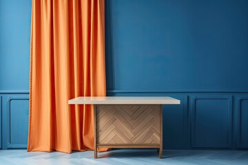 Close up of a wooden table top, cupboard, and panel with shutters. Mock up of an orange herringbone curtain. interior design, blue wall background with copy space. Generative AI