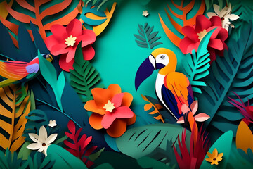Tropic-inspired pattern with palm leaves, hibiscus blooms, and toucans, tropical pattern with leaves, fruits, flowers and birds. generative ai