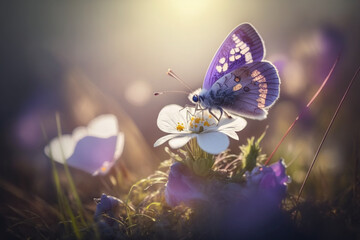 Plakat Purple butterfly flies over small wild white flowers in grass in rays of sunlight Generative AI
