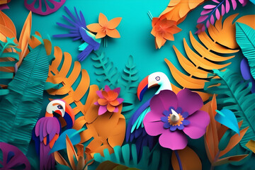 Fototapeta na wymiar Jungle oasis motif featuring monstera leaves, pineapples, and macaws, exotic tropical pattern with leaves, fruits, flowers and birds. generative ai